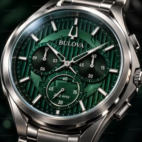 96A297 Curved Bulova Mens Steel Green Sapphire 44mm