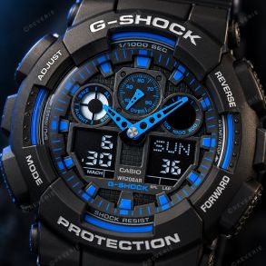 GA-100-1A2ER Black Casio G-Shock Men's Ana-Digi Watch with Blue Accents 51mm