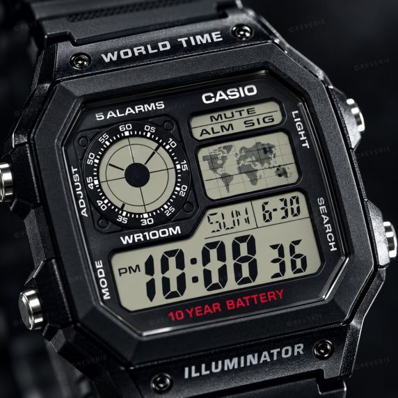 Casio Mens Black Digital 5 Alarms World Time 42mm