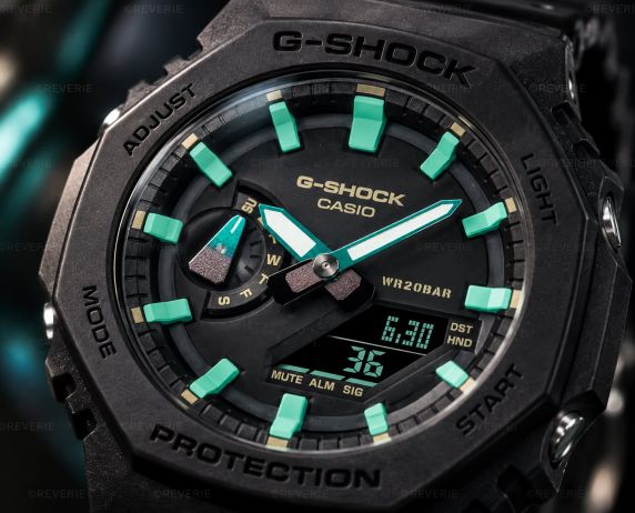 Black Casio G-Shock Men's Watch with Turquoise Accents and Ana-Digi Display 45mm