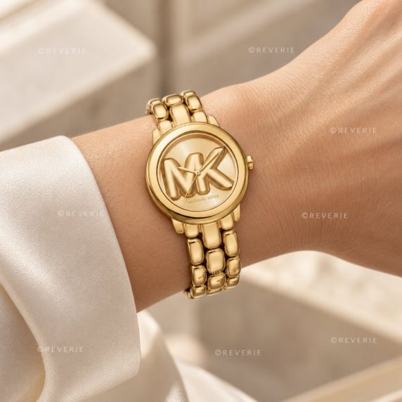 Golden Michael Kors Ladies Watch with Bold MK Logo and Chunky Steel Bracelet 36mm
